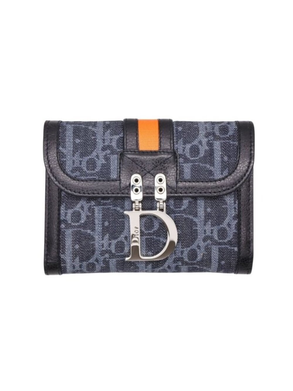 Dior Bifold Wallet Compact Trotter Line Navy Black Orange
